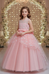 A-Line Illusion Neck Sleeveless Floor Length Tulle Flower Girl Dresses 1029774082419