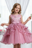 A-Line Round Neck Sleeveless Ruffled Tulle Knee Length Flower Girl Dresses 1029768342439