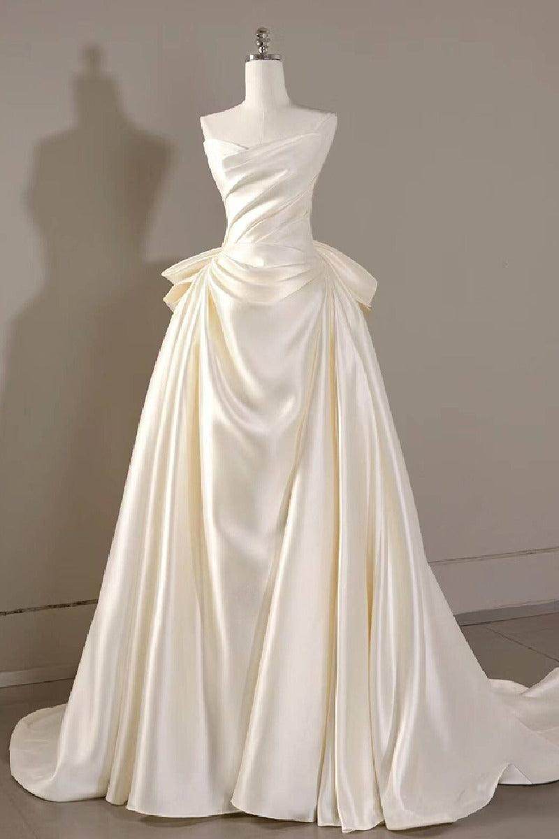 A-Line Sweep-Brush Train Satin Ruched Strapless Romantic Wedding Dress with Bow Back COCOMELODY 814546469493