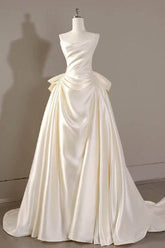 A-Line Sweep-Brush Train Satin Ruched Strapless Romantic Wedding Dress with Bow Back COCOMELODY 814546469493