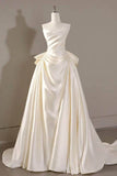 A-Line Sweep-Brush Train Satin Ruched Strapless Romantic Wedding Dress with Bow Back COCOMELODY 814546469493