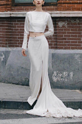 Sheath-Column Chapel Train Satin Wedding Dress 812092434428 - COCOMELODY