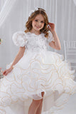 Princess Pearl Round Neck Short Puff Bubble Sleeve Ruffled Hi-Low Tulle Flower Girl Dresses 1030620832344