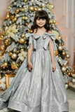 A-Line Off-Shoulder Glitter Satin Bow Shoulder Flower Girl Dresses 692491041797