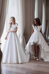 Classic Flutter Cap Sleeve Plain Satin Flower Girl Dresses 937002922707