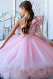 Ball Gown One Shoulder Long Sleeve Ankle Length Tulle Ruffled Sequin Bust Flower Girl Dresses 750104605618