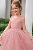 Satin Sleeveless Round Neck V-Back Bow Floor Length Flower Girl Dresses 772100832769