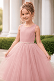 Satin Sleeveless Round Neck V-Back Bow Floor Length Flower Girl Dresses 772100832769