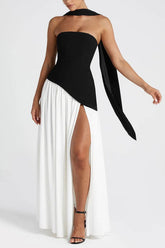 Elegant A-Line Knitted Fabric Maxi Wedding Guest Dress with Slit Strapless Pleated Neck Scarf Formal Evening Dress COCOMELODY 970800986791