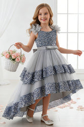 Ruffled Flutter Shoulder Sequin Ruffled Trim Bodice Tulle High-Low Flower Girl Dresses 1029823265576