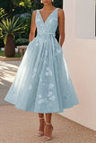 A-Line Tea Length Lace Wedding Guest Dress 936977177647