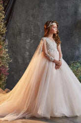 Illusion V-Neck Beaded Lace Long Sleeve Flower Girl Dresses 695101787303
