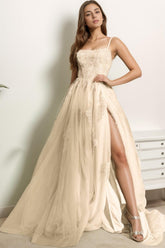 A-Line Sweep-Brush Train Tulle Prom Dress CS0415 - COCOMELODY