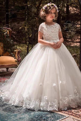 Tulle Ball Gown Round Neck Lace Short Sleeve Flower Girl Dresses 708119155653