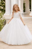 A-Line Lace Sleeve Round Neck Tulle V-Back Flower Girl Dresses 997761158002