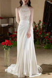 Sheath-Column Chapel Train Lace Satin Wedding Dress 737835089170 - COCOMELODY
