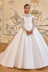 Off-Shoulder High Neck Lace Long Sleeve Satin Flower Girl Dresses 992930246596