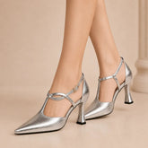 Metallic Pointed Toe Mary Jane Heels T Strap Elegant Design Shoes 915991421507