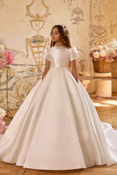 Beaded High Neck Satin Puff Sleeve Flower Girl Dresses 1024972137629