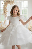 Short Flutter Sleeve Organza Knee Length Flower Girl Dresses 1028919378818