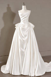 A-Line Sweep-Brush Train Satin Ruched Strapless Romantic Wedding Dress with Bow Back COCOMELODY 814546469493