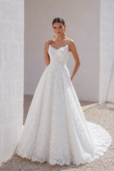 A-Line Sweep-Brush Train Lace Wedding Dress 828423890551