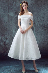 A-Line Tea Length Lace Wedding Dress 658269300525 - COCOMELODY