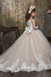 A-Line Long Sleeve Beaded Illusion Sweep-Brush Train Flower Girl Dresses 683689356211