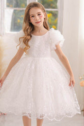 A-line/Princess Scoop Neck Knee-Length Lace Flower Girl Dress With Bowknot 769937282891 - COCOMELODY