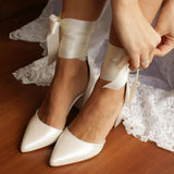Ivory Satin Bow Ankle Strap Pointy Block Heel Shoes 709312934879