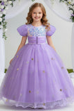 A-Line Puff Sequin Bodice Tulle Floor Length Flower Girl Dresses 1030166757902