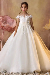 A-Line Illusion Neck Short Sleeve Tulle Court Train Flower Girl Dresses 903004046897 - COCOMELODY