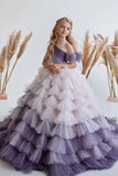 A-Line Asymmetrical One Shoulder Tiered Tulle Sweep-Brush Train Flower Girl Dresses 779839145372