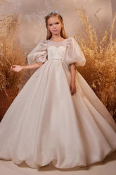 A-Line Illusion Puff Short Sleeve Heart Neck Flower Girl Dresses 750806564252