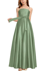 Satin Junior Bridesmaid Dress with Bow & Pockets B0C7KY63LX - COCOMELODY