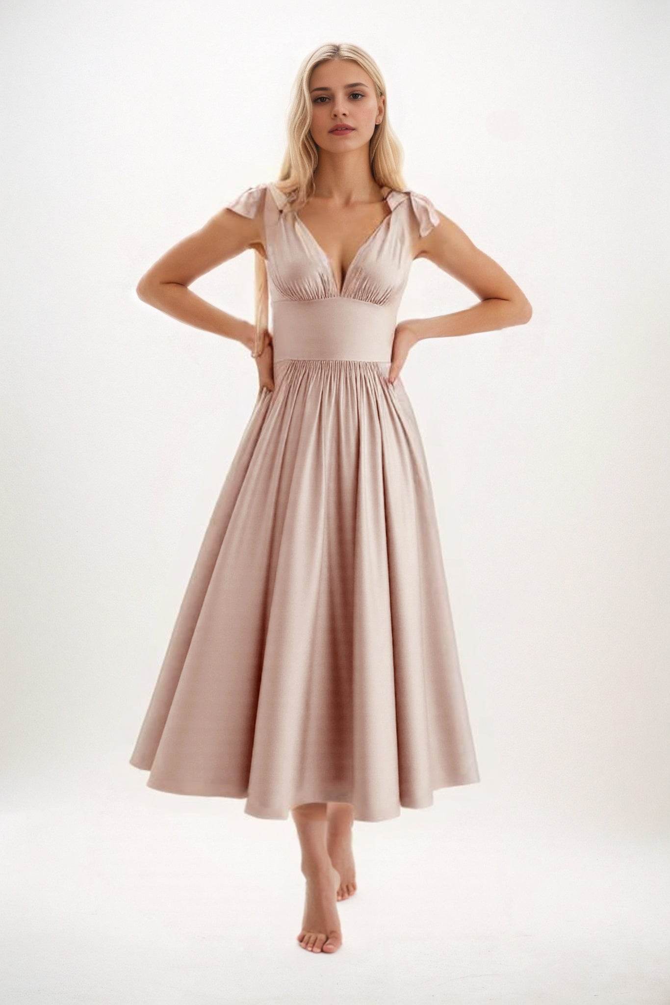 A-Line Midi Luxe Satin Bridesmaid Dress CB0832 - COCOMELODY