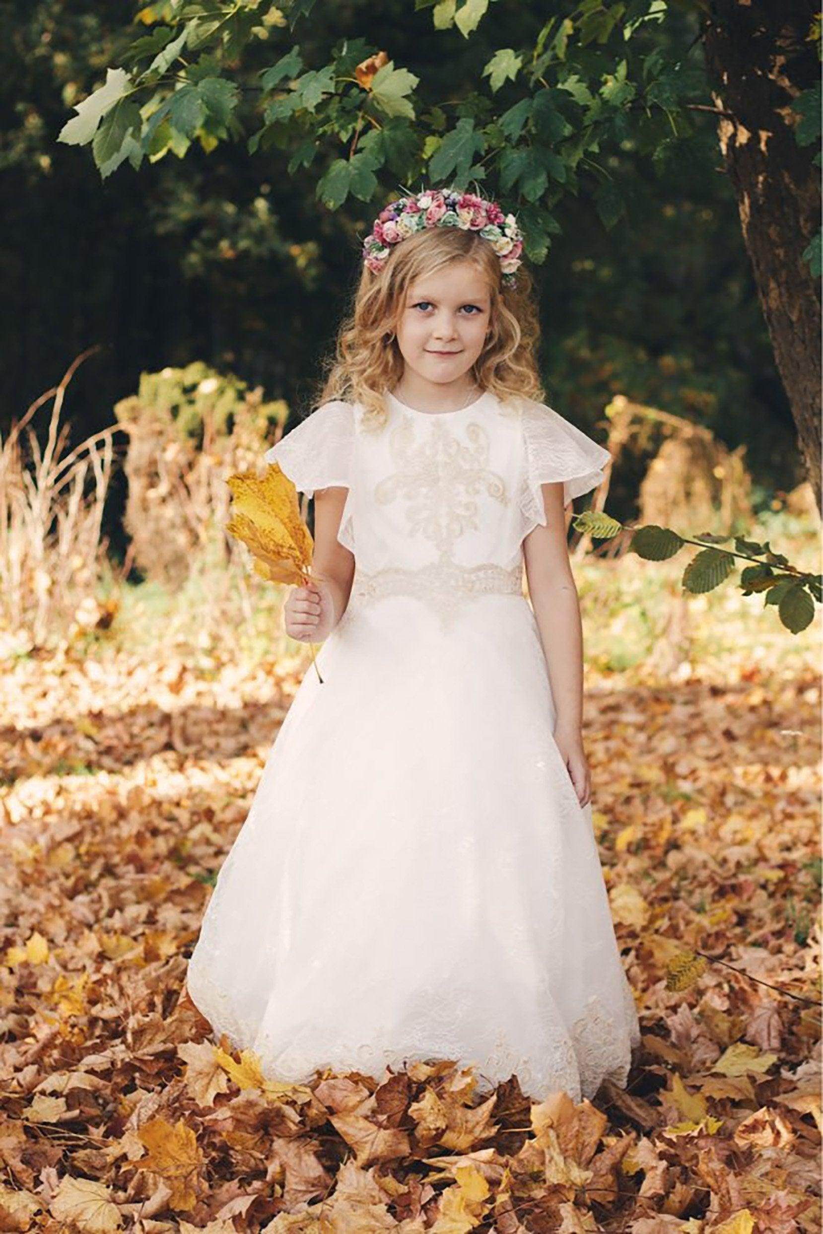 A-Line Floor Length Satin Lace Flower Girl Dress CF0338 - COCOMELODY