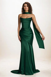 Trumpet-Mermaid Sweep-Brush Train Luxe Satin Wedding Guest Dress CG0301 - COCOMELODY