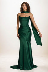 Trumpet-Mermaid Sweep-Brush Train Luxe Satin Wedding Guest Dress CG0301