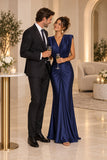 Sheath-Column Floor Length Stretch Satin Wedding Guest Dress CG0385 - Dark Navy - COCOMELODY