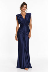 Sheath-Column Floor Length Stretch Satin Wedding Guest Dress CG0385 - Dark Navy - COCOMELODY