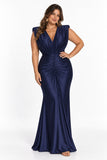 Sheath-Column Floor Length Stretch Satin Wedding Guest Dress CG0385 - Dark Navy - COCOMELODY