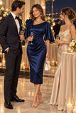 Sheath-Column Tea Length Stretch Satin Wedding Guest Dress CG0388 - Dark Navy - COCOMELODY