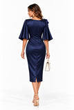 Sheath-Column Tea Length Stretch Satin Wedding Guest Dress CG0388 - Dark Navy - COCOMELODY