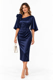Sheath-Column Tea Length Stretch Satin Wedding Guest Dress CG0388 - Dark Navy - COCOMELODY