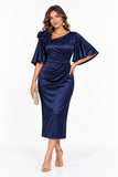 Sheath-Column Tea Length Stretch Satin Wedding Guest Dress CG0388 - Dark Navy - COCOMELODY