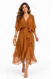 Asymmetrical Tea Length Chiffon Wedding Guest Dress CG0390 - Burnt Orange - COCOMELODY