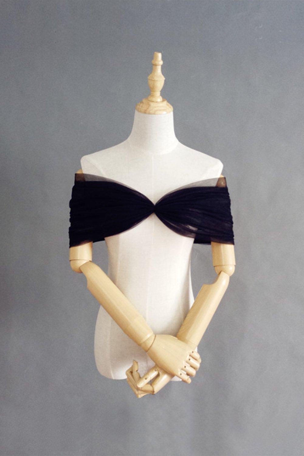 Black Tulle Wedding Shawl with Pleating CJ0097 - COCOMELODY