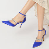 Blue Rhinestone Ankle Strap Pointy Stiletto Heels CK0131 - COCOMELODY