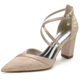 Chunky Heel 8.5cm Silk-Like Lace Shoes CK0191 - COCOMELODY